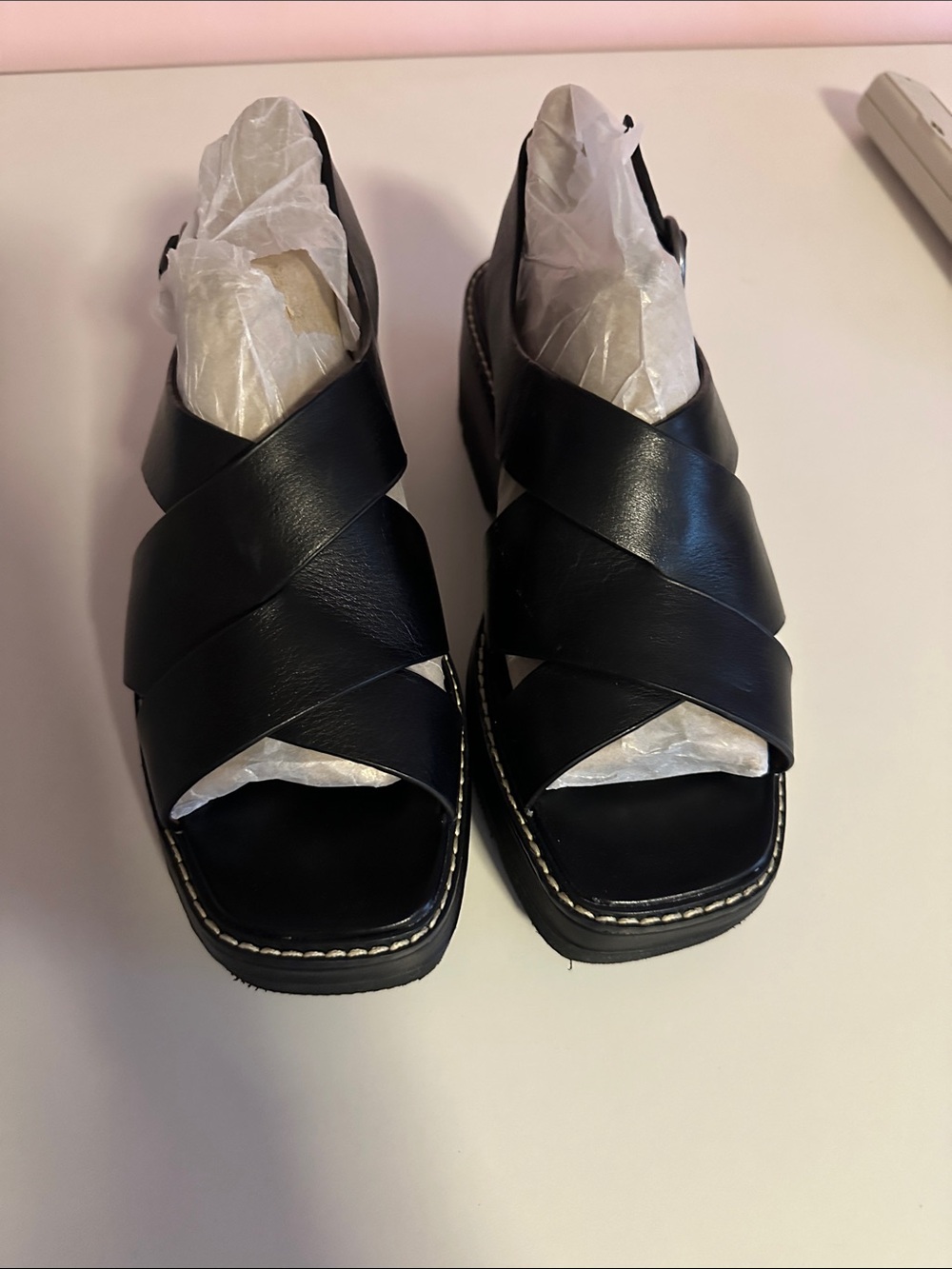 Naturalizer Black Crisscross Leather Wedge Sandals